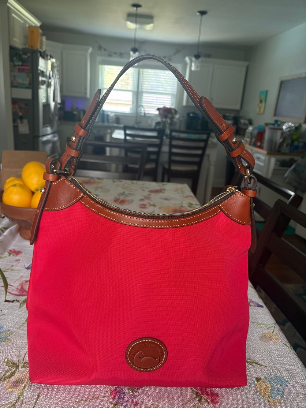 Dooney & Bourke Red Shoulder Bag with Brown Trim